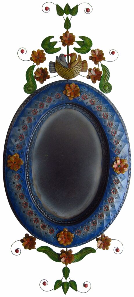 Mexican Tin Mirror Oval Nature of Love Blue