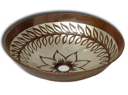 Hand Painted Copper Vessel Sink Round Flowers and Leaves