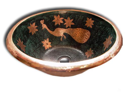 Hand Painted Copper Sink Round Peacock