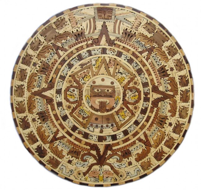 Mexican Aztec Calendar Wooden Inlay