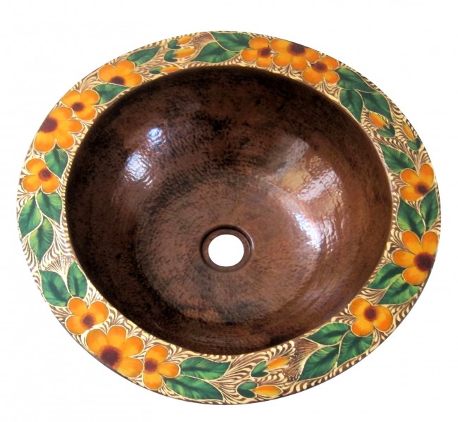 Hand Painted Copper Sink Round Orange Blossoms