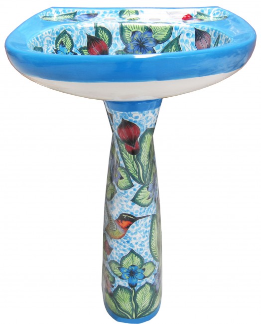 Mexican Talavera Pedestal Sink Hummingbirds Turqueza