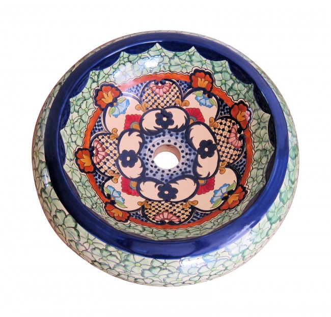 Mexican Talavera Round Vessel Sink Donut Flores Verdes