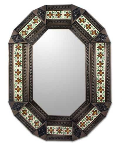 Mexican Tin Mirror Octagono de Flores