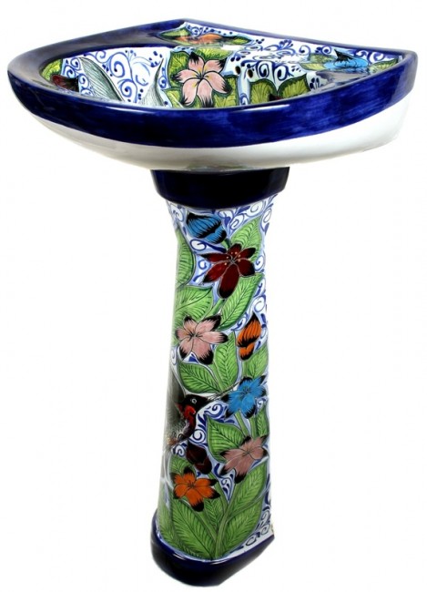 Mexican Talavera Pedestal Sink Hummingbirds