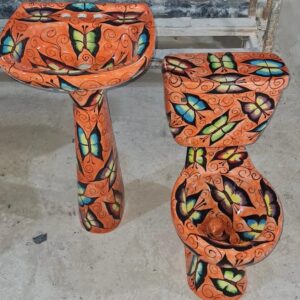 Round Mexican Talavera Toilet Mariposas Naranja