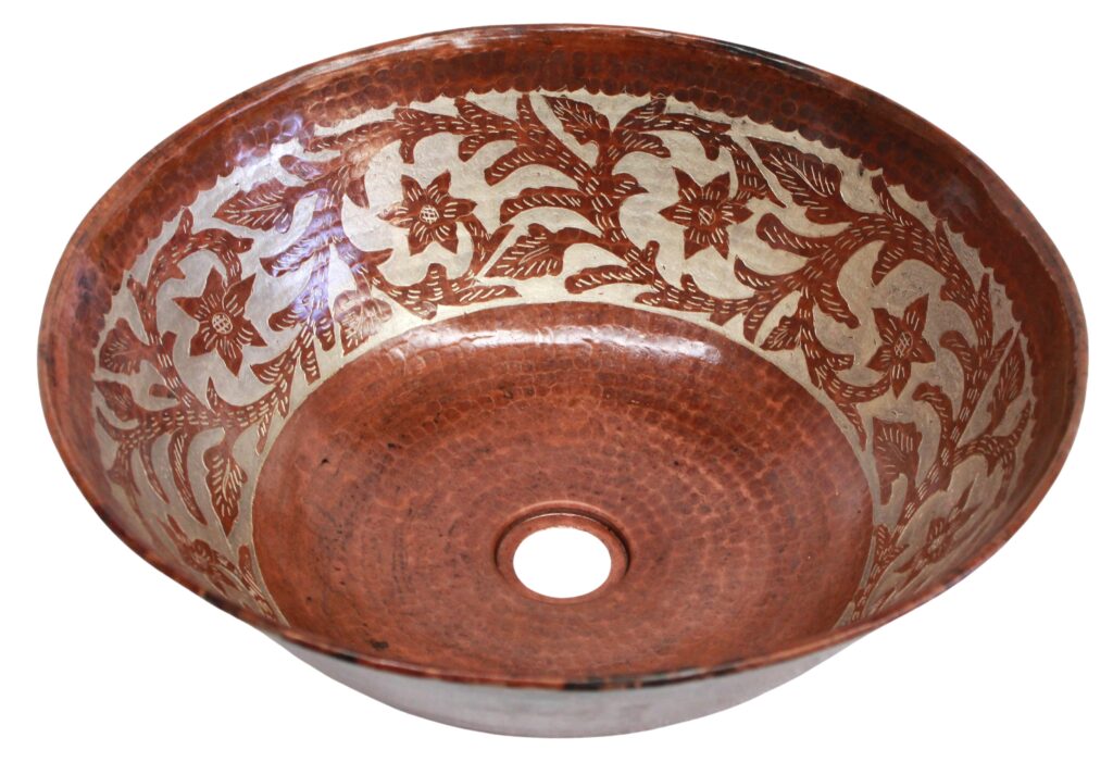 Copper Vessel Sink Round Antique Vines Silver