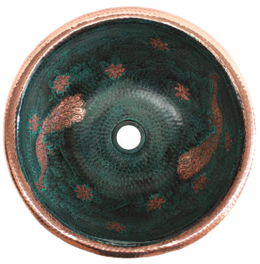 Hand Painted Copper Vessel Sink Round Peacock