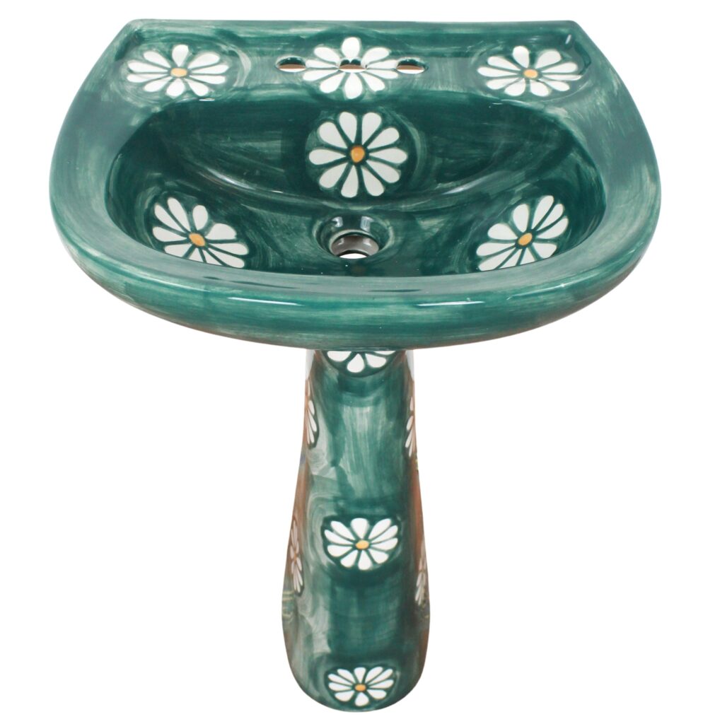Mexican Talavera Pedestal Sink Margaritas Blancas Deslavado