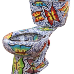 Round Mexican Talavera Toilet Mariposas Azul Marino