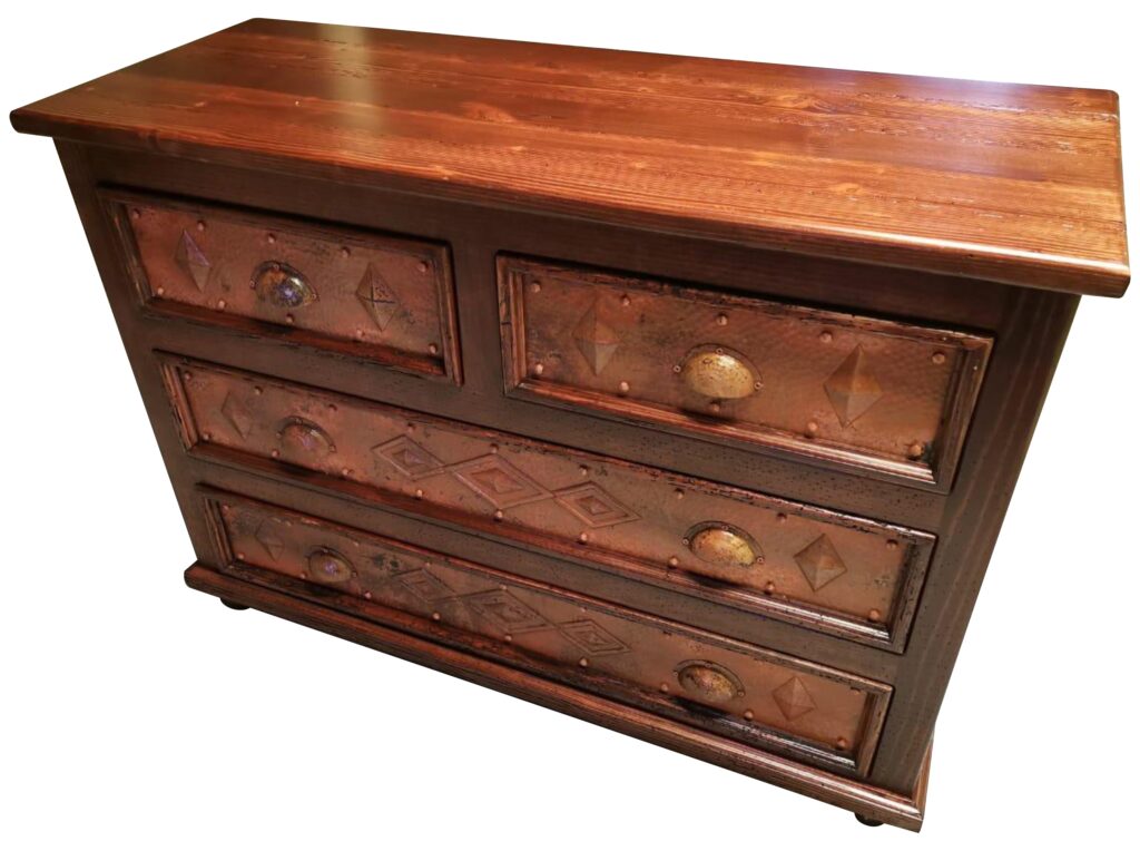 Mexican wooden and copper chest of drawers